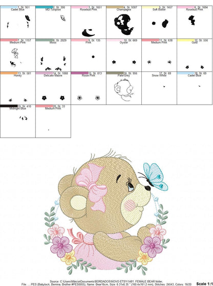 Female Bear embroidery designs - Baby girl embroidery design machine embroidery pattern - Bear with butterfly embroidery file - digital file