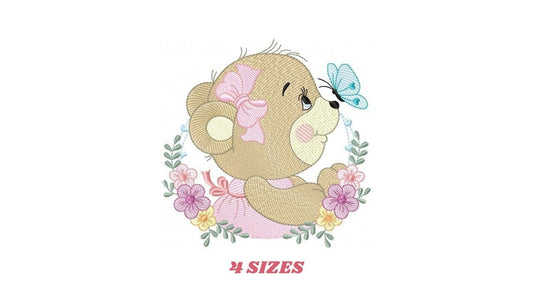 Female Bear embroidery designs - Baby girl embroidery design machine embroidery pattern - Bear with butterfly embroidery file - digital file