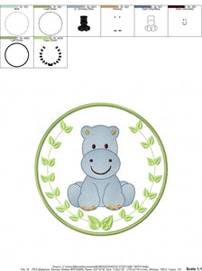 Hippo embroidery designs - Safari embroidery design machine embroidery pattern - Animal embroidery file - Hippo with applique frame pes jef