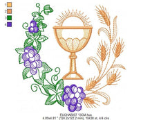 Load image into Gallery viewer, Eucharist embroidery designs - Catholic Communion embroidery design machine embroidery pattern - Grape Bread Wheat Church - instant download
