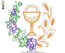 Load image into Gallery viewer, Eucharist embroidery designs - Catholic Communion embroidery design machine embroidery pattern - Grape Bread Wheat Church - instant download
