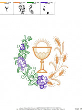 Load image into Gallery viewer, Eucharist embroidery designs - Catholic Communion embroidery design machine embroidery pattern - Grape Bread Wheat Church - instant download
