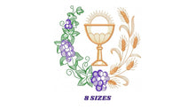 Load image into Gallery viewer, Eucharist embroidery designs - Catholic Communion embroidery design machine embroidery pattern - Grape Bread Wheat Church - instant download
