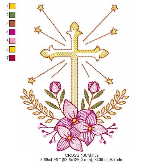 Cross embroidery designs - Religious embroidery design machine embroidery pattern - Catholic embroidery file - Cross with flowers Eucharist