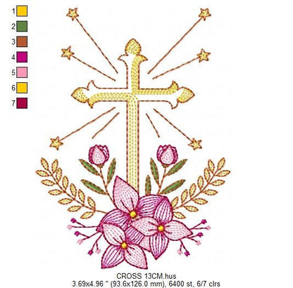 Cross embroidery designs - Religious embroidery design machine embroidery pattern - Catholic embroidery file - Cross with flowers Eucharist