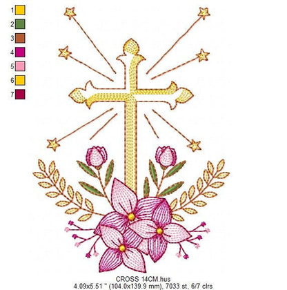 Cross embroidery designs - Religious embroidery design machine embroidery pattern - Catholic embroidery file - Cross with flowers Eucharist