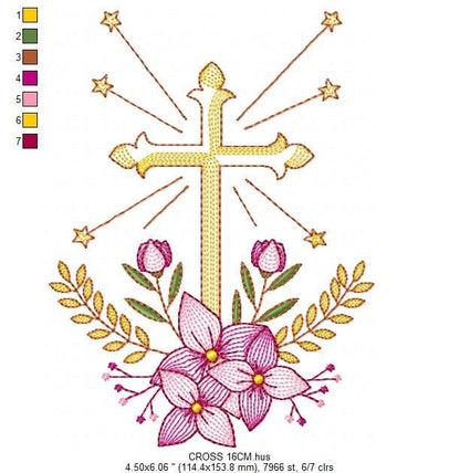 Cross embroidery designs - Religious embroidery design machine embroidery pattern - Catholic embroidery file - Cross with flowers Eucharist
