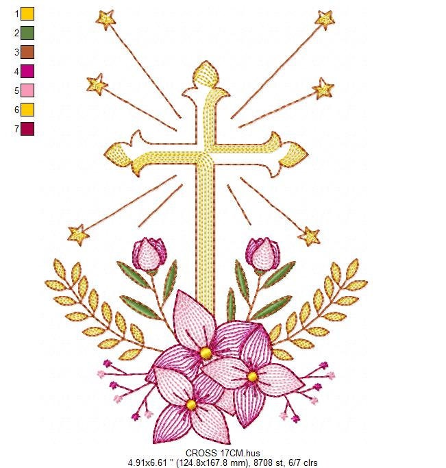 Cross embroidery designs - Religious embroidery design machine embroidery pattern - Catholic embroidery file - Cross with flowers Eucharist