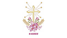 Laden Sie das Bild in den Galerie-Viewer, Cross embroidery designs - Religious embroidery design machine embroidery pattern - Catholic embroidery file - Cross with flowers Eucharist
