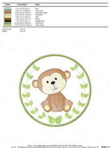 Monkey embroidery designs - Safari embroidery design machine embroidery pattern - Animal embroidery file - Monkey with applique frame pes