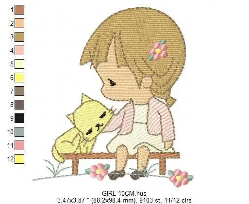Baby girl embroidery designs - Toddler embroidery design machine embroidery pattern - Girl with cat spring garden - instant download Marcia Embroidery