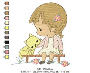 Baby girl embroidery designs - Toddler embroidery design machine embroidery pattern - Girl with cat spring garden - instant download