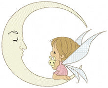 Cargar imagen en el visor de la galería, Fairy embroidery design - Baby girl embroidery designs machine embroidery pattern - Moon embroidery file - Girl moon flowers stars design
