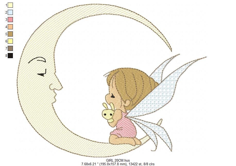 Fairy embroidery design - Baby girl embroidery designs machine embroidery pattern - Moon embroidery file - Girl moon flowers stars design