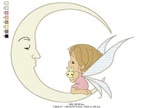 Cargar imagen en el visor de la galería, Fairy embroidery design - Baby girl embroidery designs machine embroidery pattern - Moon embroidery file - Girl moon flowers stars design
