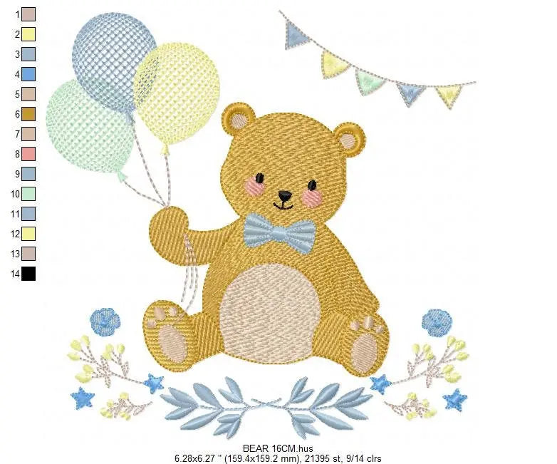 Birthday Bear embroidery designs - Animals embroidery design machine embroidery pattern - Bear embroidery file - baby boy embroidery pes jef Marcia Embroidery