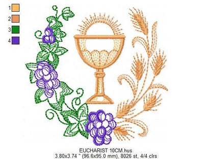 Eucharist embroidery designs - Catholic Communion embroidery design machine embroidery pattern - Grape Bread Wheat Church - instant download
