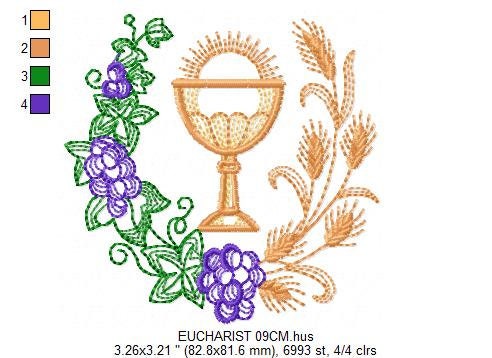 Eucharist embroidery designs - Catholic Communion embroidery design machine embroidery pattern - Grape Bread Wheat Church - instant download