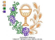 Load image into Gallery viewer, Eucharist embroidery designs - Catholic Communion embroidery design machine embroidery pattern - Grape Bread Wheat Church - instant download
