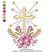 Laden Sie das Bild in den Galerie-Viewer, Cross embroidery designs - Religious embroidery design machine embroidery pattern - Catholic embroidery file - Cross with flowers Eucharist
