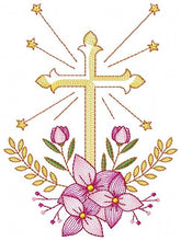 Cargar imagen en el visor de la galería, Cross embroidery designs - Religious embroidery design machine embroidery pattern - Catholic embroidery file - Cross with flowers Eucharist
