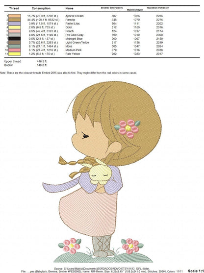 Baby Girl embroidery designs - Toodler with rabbit machine embroidery pattern - Girl with bunny file - Instant digital download pes jef dst - Marcia Embroidery