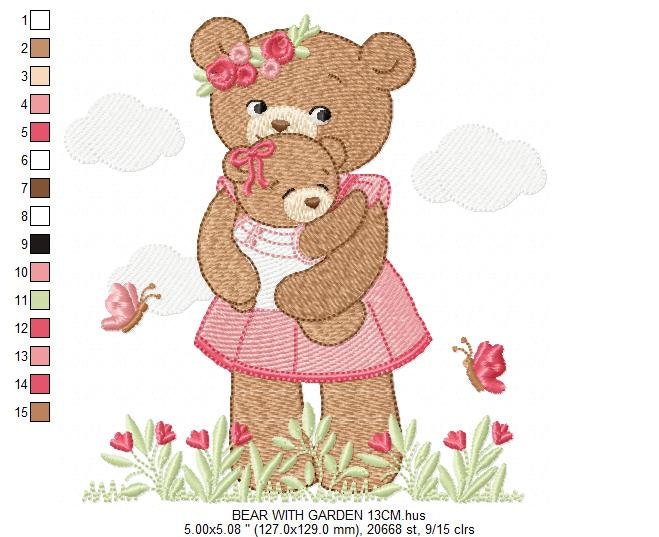 Bear embroidery designs - Teddy embroidery design machine embroidery pattern - Baby Girl embroidery file - instant download bear with garden Marcia Embroidery