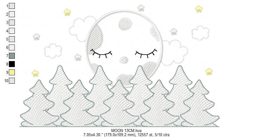 Moon embroidery design - Full Moon embroidery design machine embroidery pattern - Pine Forest embroidery file - night sky design pes jef vp3