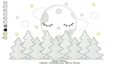Moon embroidery design - Full Moon embroidery design machine embroidery pattern - Pine Forest embroidery file - night sky design pes jef vp3