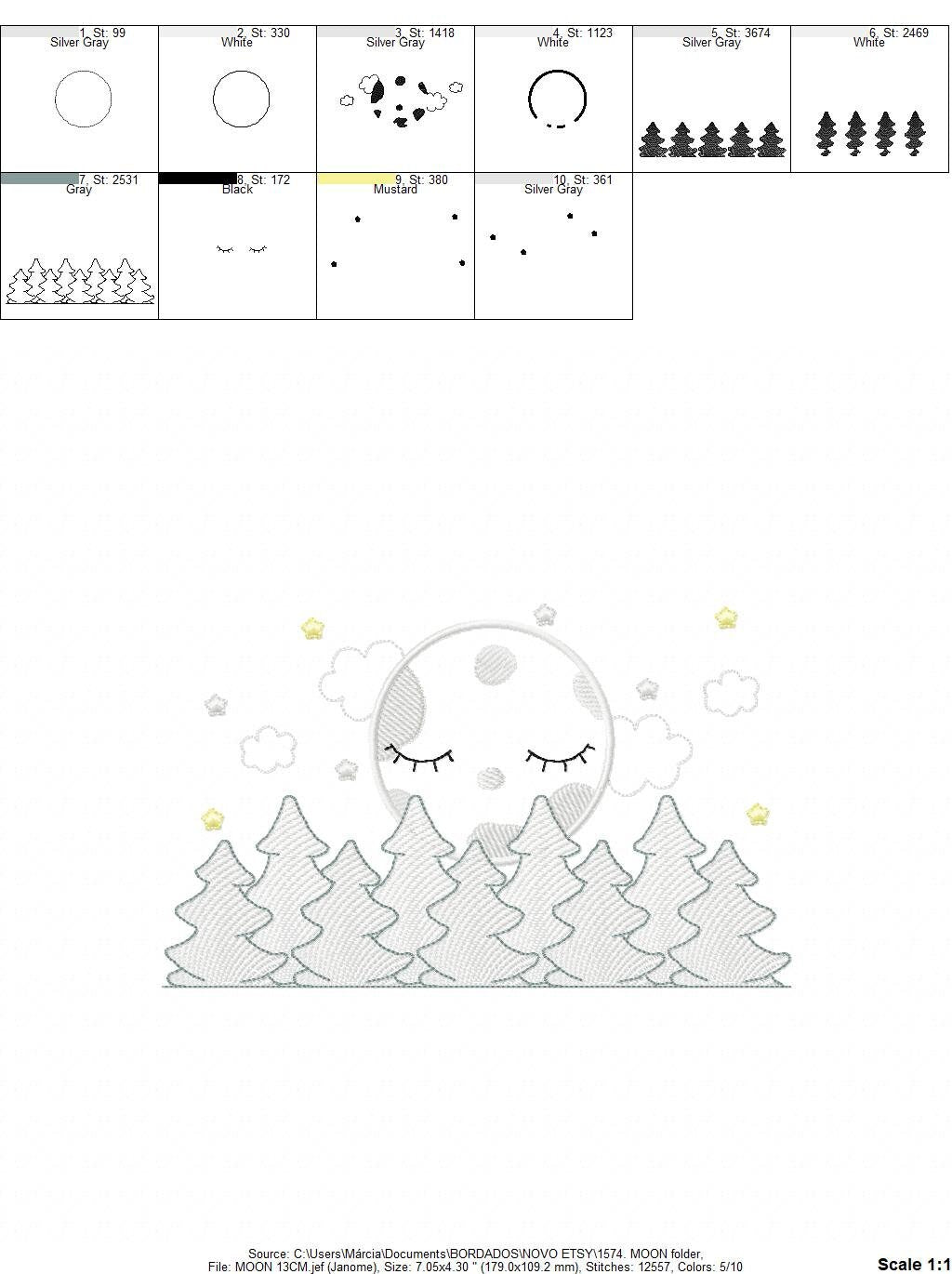 Moon embroidery design - Full Moon embroidery design machine embroidery pattern - Pine Forest embroidery file - night sky design pes jef vp3