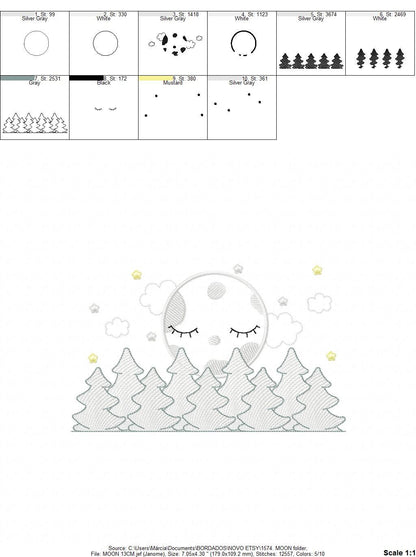 Moon embroidery design - Full Moon embroidery design machine embroidery pattern - Pine Forest embroidery file - night sky design pes jef vp3