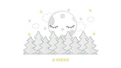 Moon embroidery design - Full Moon embroidery design machine embroidery pattern - Pine Forest embroidery file - night sky design pes jef vp3