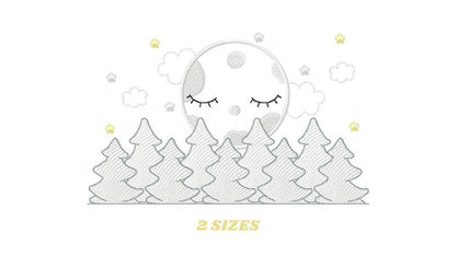 Moon embroidery design - Full Moon embroidery design machine embroidery pattern - Pine Forest embroidery file - night sky design pes jef vp3