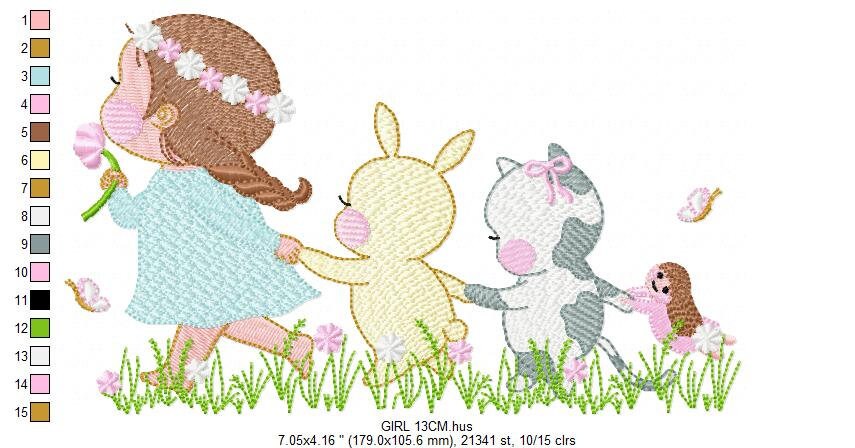 Girl with animals embroidery designs - Delicate Girl embroidery design machine embroidery pattern -  Rabbit and Cat spring garden pes jef Marcia Embroidery