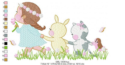 Girl with animals embroidery designs - Delicate Girl embroidery design machine embroidery pattern -  Rabbit and Cat spring garden pes jef Marcia Embroidery