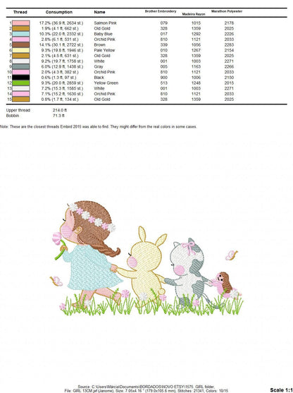 Girl with animals embroidery designs - Delicate Girl embroidery design machine embroidery pattern -  Rabbit and Cat spring garden pes jef Marcia Embroidery