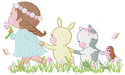 Girl with animals embroidery designs - Delicate Girl embroidery design machine embroidery pattern -  Rabbit and Cat spring garden pes jef Marcia Embroidery