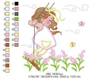 Cargar imagen en el visor de la galería, Girl with swing embroidery designs - Baby girl embroidery design machine embroidery pattern - Spring garden embroidery file instant download
