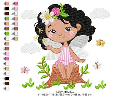 Fairy embroidery designs - Baby girl with black curly hair machine embroidery pattern - Fantasy Pixie file - Instant digital download pes Marcia Embroidery