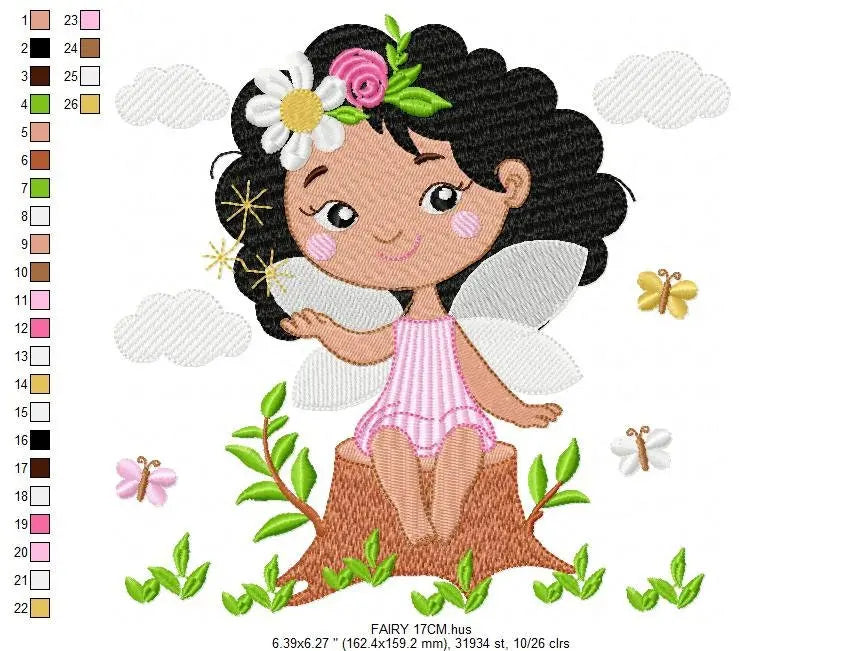 Fairy embroidery designs - Baby girl with black curly hair machine embroidery pattern - Fantasy Pixie file - Instant digital download pes Marcia Embroidery