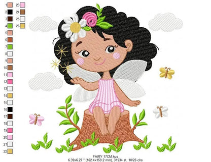 Fairy embroidery designs - Baby girl with black curly hair machine embroidery pattern - Fantasy Pixie file - Instant digital download pes Marcia Embroidery