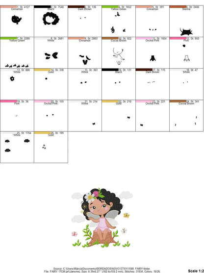 Fairy embroidery designs - Baby girl with black curly hair machine embroidery pattern - Fantasy Pixie file - Instant digital download pes Marcia Embroidery
