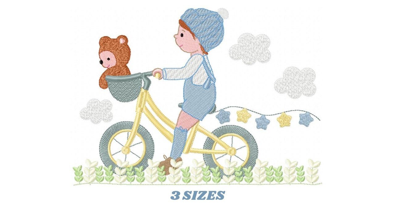 Boy with bike embroidery designs - Baby Boy embroidery design machine embroidery pattern -  instant download Bicycle cyclist Biker kid toy