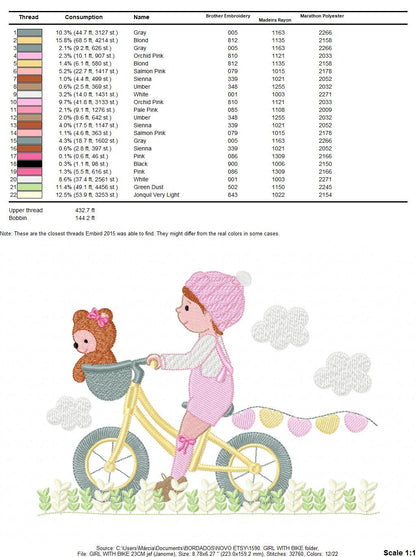 Girl with bike embroidery designs - Girl with bear embroidery design machine embroidery pattern - Cyclist Bicycle flowers - instant download Marcia Embroidery