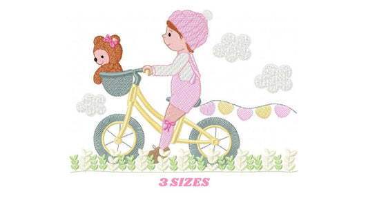 Girl with bike embroidery designs - Girl with bear embroidery design machine embroidery pattern - Cyclist Bicycle flowers - instant download Marcia Embroidery