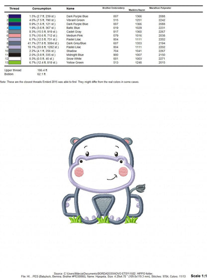 Hippo embroidery designs - Safari embroidery design machine embroidery pattern - Animal embroidery file hippo applique pattern download pes