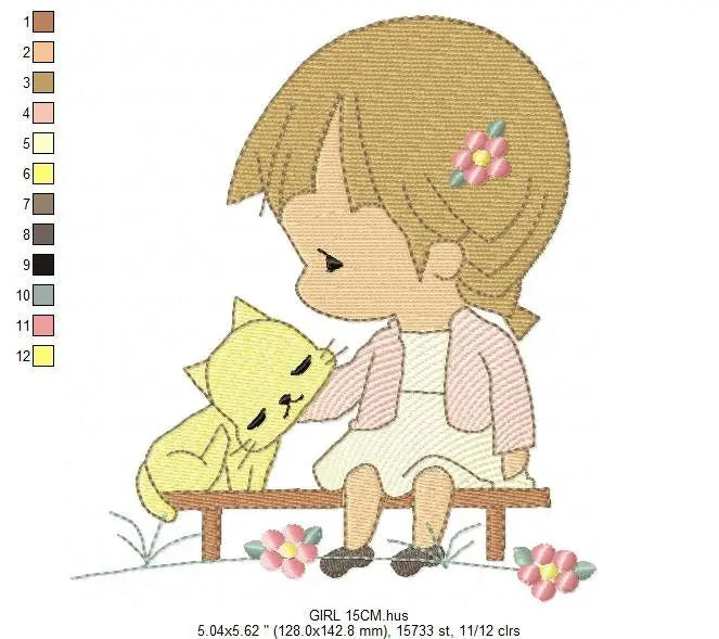 Baby girl embroidery designs - Toddler embroidery design machine embroidery pattern - Girl with cat spring garden - instant download Marcia Embroidery