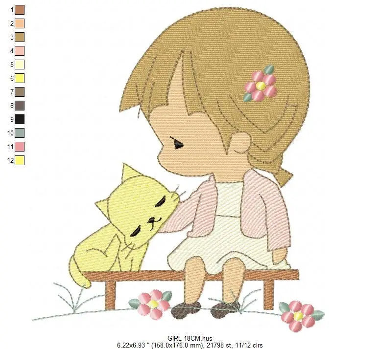 Baby girl embroidery designs - Toddler embroidery design machine embroidery pattern - Girl with cat spring garden - instant download Marcia Embroidery