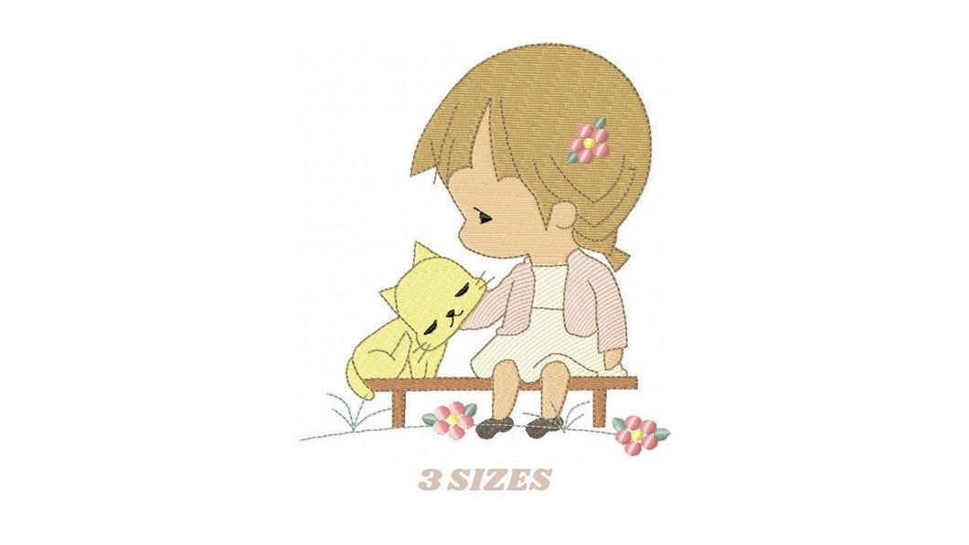 Baby girl embroidery designs - Toddler embroidery design machine embroidery pattern - Girl with cat spring garden - instant download