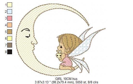 Fairy embroidery design - Baby girl embroidery designs machine embroidery pattern - Moon embroidery file - Girl moon flowers stars design